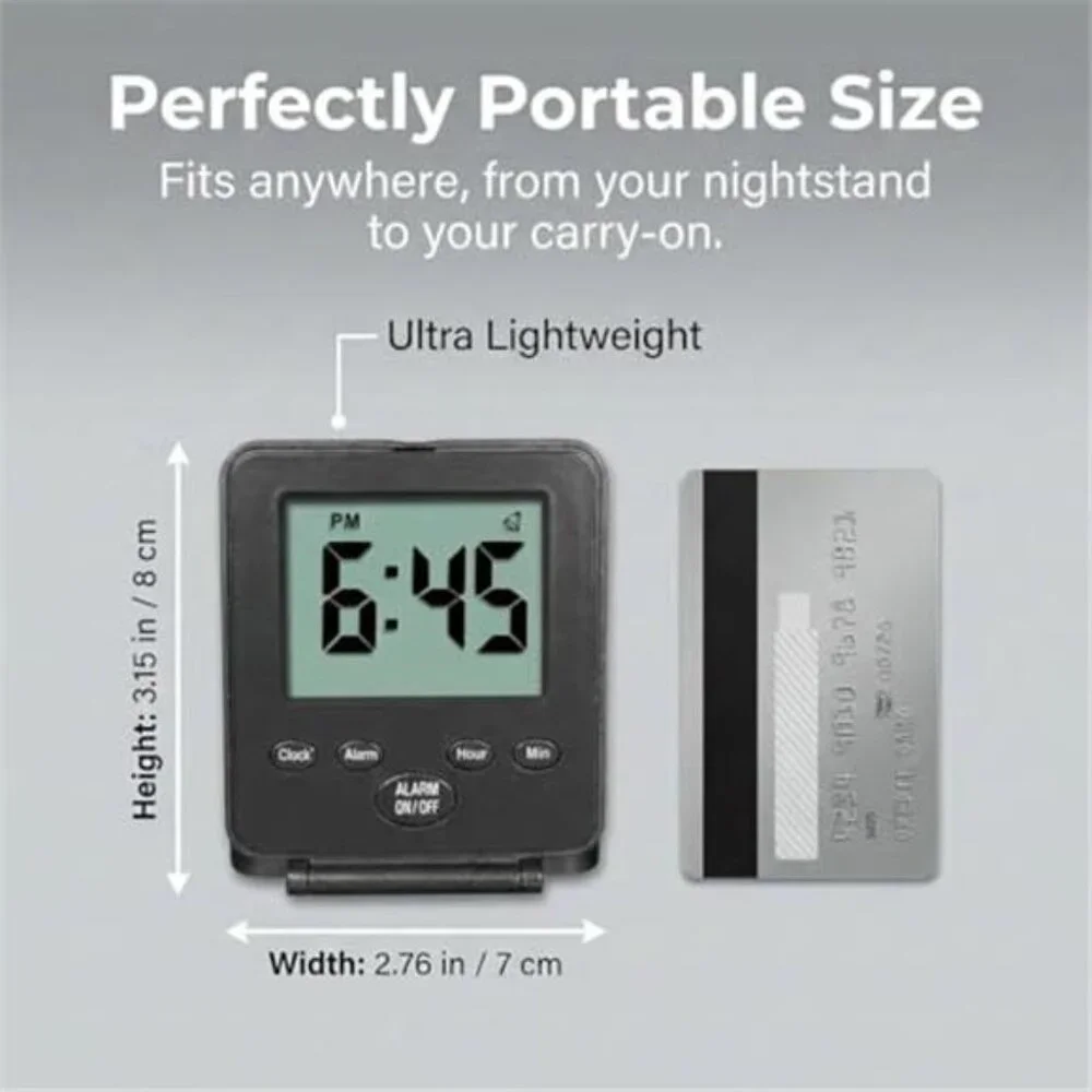 Digital Travel Alarm Clock Loud Easy to Use Small Battery Powered Black Clock